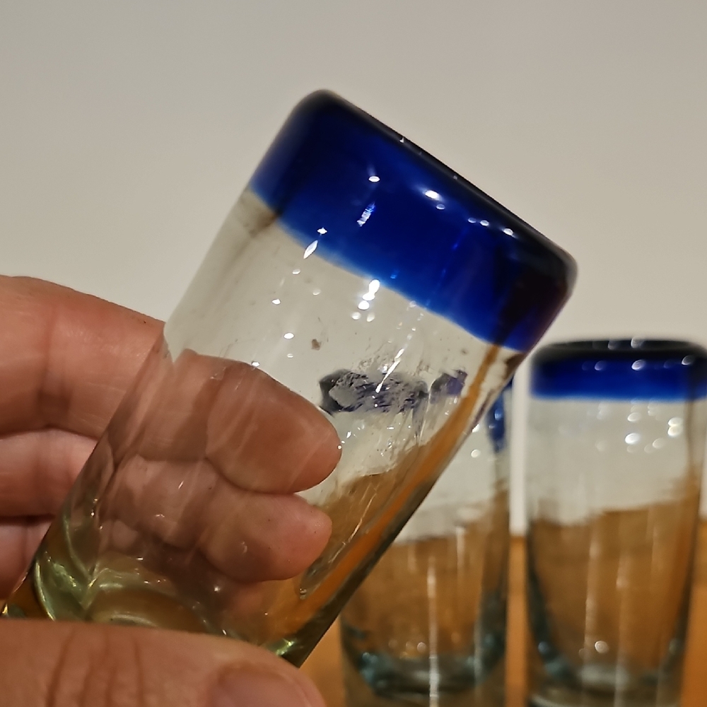 Set of 3 Handblown Glass Shot Glasses with Cobalt Blue Rim - Picture 3 of 5